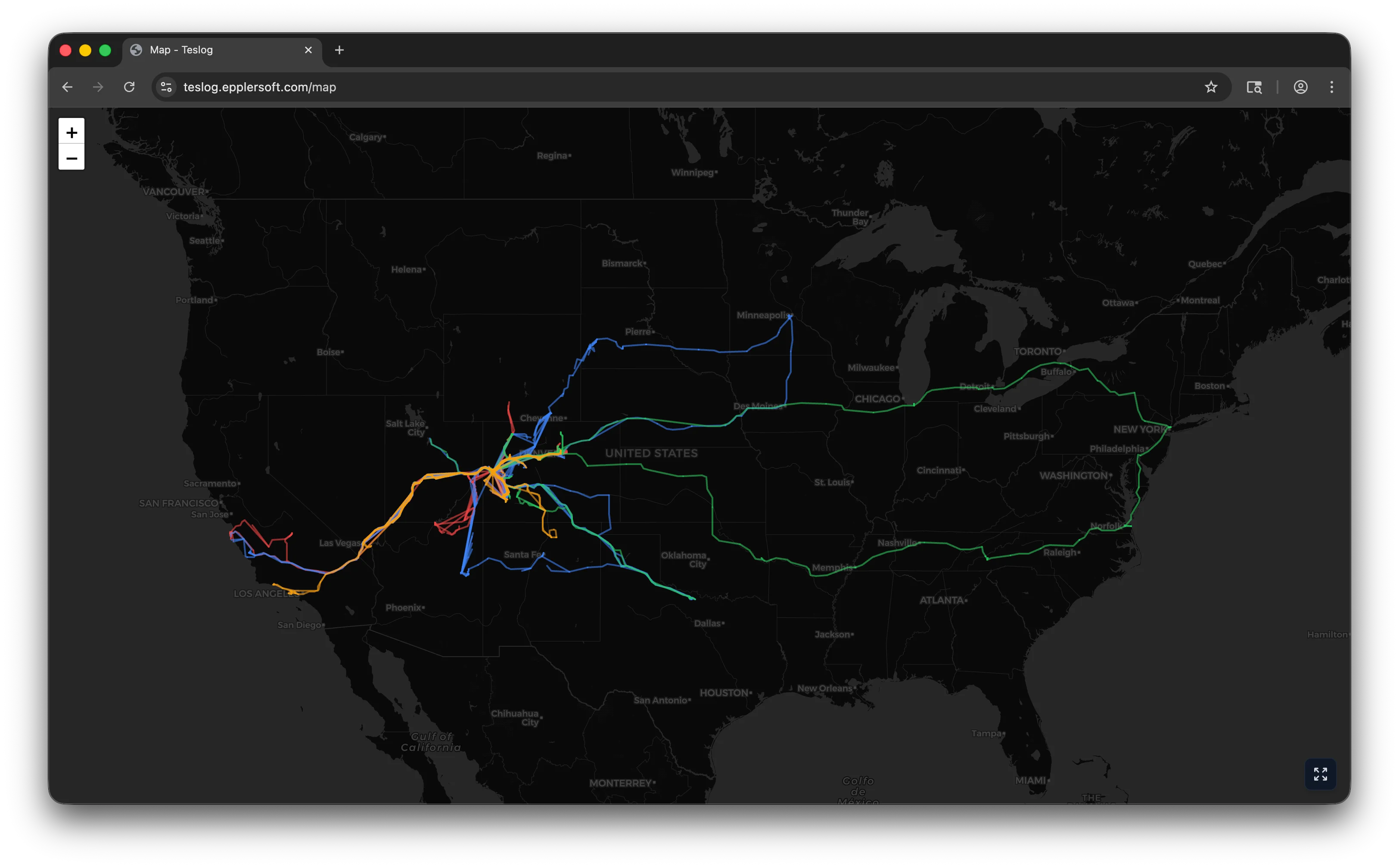 Lifetime driving map showing all recorded routes